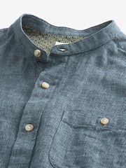 Navy Blue Grandad Collar Linen Blend Long Sleeve Shirt - Image 6 of 7