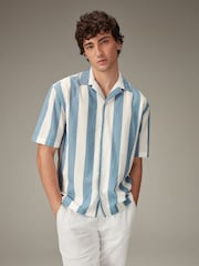 Blue Textured Stripe Short Sleeve Shirt with Cuban Collar - Image 1 of 1