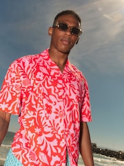 Pink Printed Short Sleeve Shirt with Cuban Collar - Image 1 of 8
