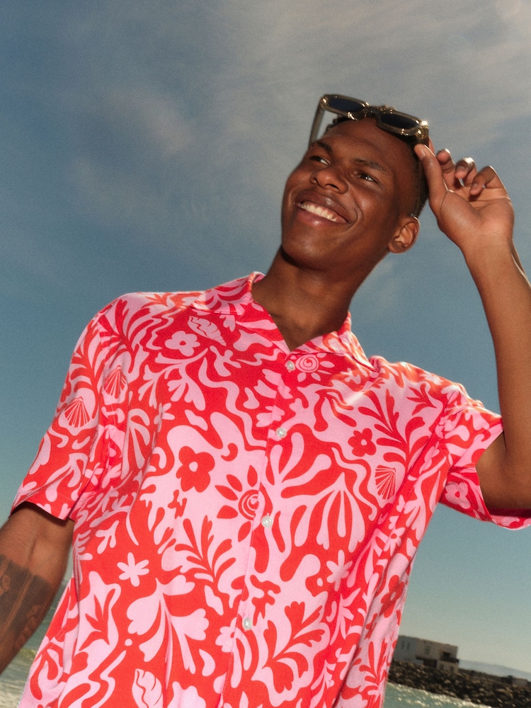 Pink Printed Short Sleeve Shirt with Cuban Collar - Image 2 of 8