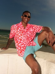 Pink Printed Short Sleeve Shirt with Cuban Collar - Image 3 of 8