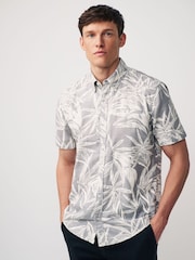 Grey 100% Cotton Textured Floral Short Sleeve Oxford Shirt - Image 1 of 7