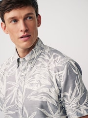 Grey 100% Cotton Textured Floral Short Sleeve Oxford Shirt - Image 4 of 7