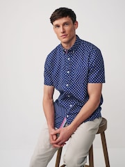 Navy Blue 100% Cotton Linen Blend Printed Short Sleeve Oxford Shirt - Image 1 of 8