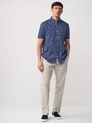 Navy Blue 100% Cotton Linen Blend Printed Short Sleeve Oxford Shirt - Image 2 of 8