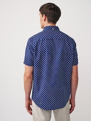 Navy Blue 100% Cotton Linen Blend Printed Short Sleeve Oxford Shirt - Image 3 of 8