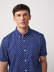 Navy Blue 100% Cotton Linen Blend Printed Short Sleeve Oxford Shirt - Image 4 of 8