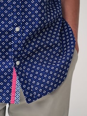 Navy Blue 100% Cotton Linen Blend Printed Short Sleeve Oxford Shirt - Image 5 of 8