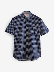 Navy Blue 100% Cotton Linen Blend Printed Short Sleeve Oxford Shirt - Image 6 of 8