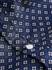 Navy Blue 100% Cotton Linen Blend Printed Short Sleeve Oxford Shirt - Image 7 of 8