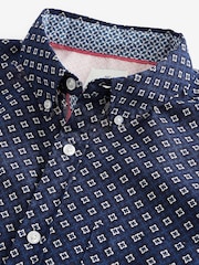 Navy Blue 100% Cotton Linen Blend Printed Short Sleeve Oxford Shirt - Image 8 of 8