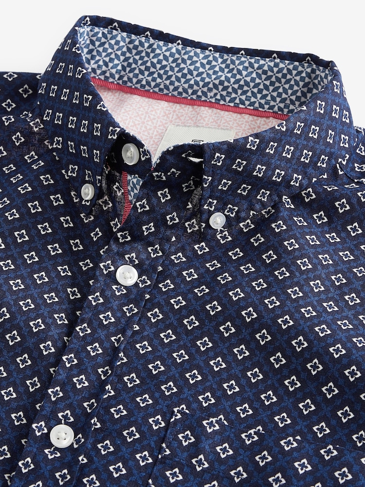 Navy Blue 100% Cotton Linen Blend Printed Short Sleeve Oxford Shirt - Image 8 of 8