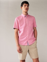 Pink 100% Cotton Linen Blend Printed Short Sleeve Oxford Shirt - Image 1 of 7