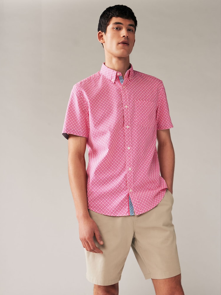 Pink - Bedrucktes Kurzarm-Oxford-Hemd aus 100 % Baumwoll-Leinen-Mischgewebe - Bild 1 von 7 Pink - Bedrucktes Kurzarm-Oxford-Hemd aus 100 % Baumwoll-Leinen-Mischgewebe - Bild 1 von 7