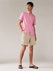 Pink 100% Cotton Linen Blend Printed Short Sleeve Oxford Shirt - Image 2 of 7