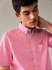 Pink 100% Cotton Linen Blend Printed Short Sleeve Oxford Shirt - Image 4 of 7