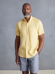 Yellow Standard Collar Signature 100% Linen Short Sleeve Shirt - Image 1 of 9