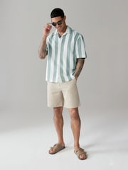 Green Textured Stripe Short Sleeve Shirt with Cuban Collar - Image 2 of 7