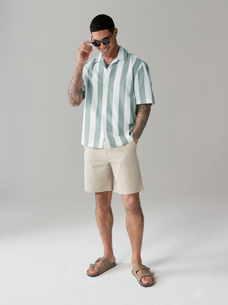Green Textured Stripe Short Sleeve Shirt with Cuban Collar - Image 2 of 7