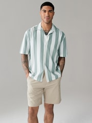 Green Textured Stripe Short Sleeve Shirt with Cuban Collar - Image 3 of 7