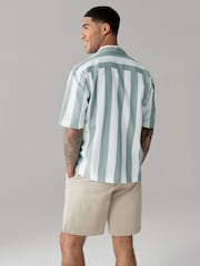 Green Textured Stripe Short Sleeve Shirt with Cuban Collar - Image 4 of 7