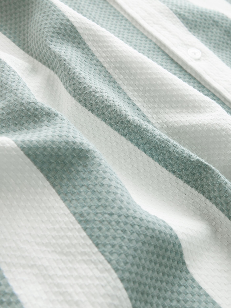 Green Textured Stripe Short Sleeve Shirt with Cuban Collar - Image 7 of 7 Green Textured Stripe Short Sleeve Shirt with Cuban Collar - Image 7 of 7