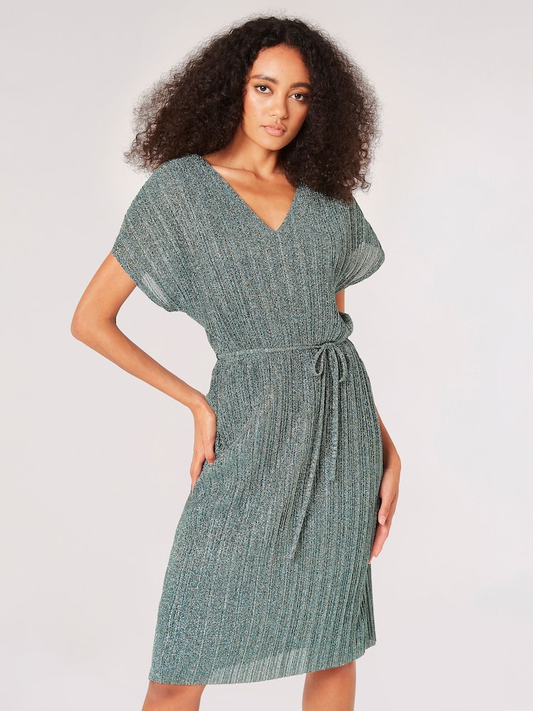 Apricot Green Mermaid Plisse V Midi Dress - Image 1 of 4