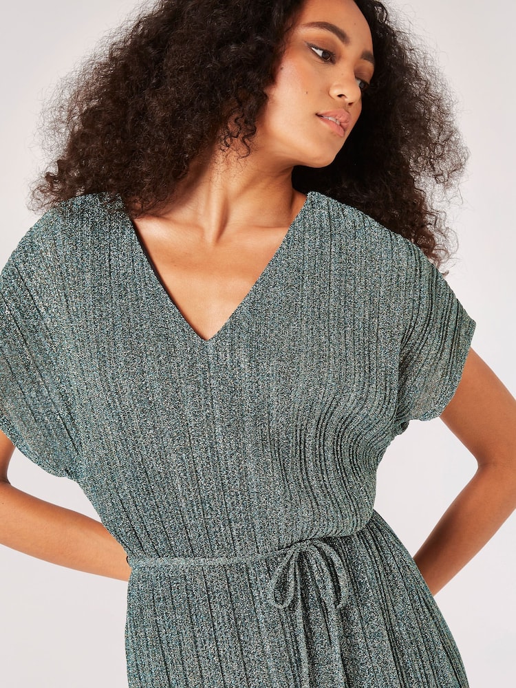 Apricot Green Mermaid Plisse V Midi Dress - Image 4 of 4