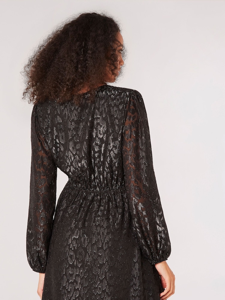 Apricot Black Animal Jacquard Chifon Wrap Dress - Image 2 of 4 Apricot Black Animal Jacquard Chifon Wrap Dress - Image 2 of 4