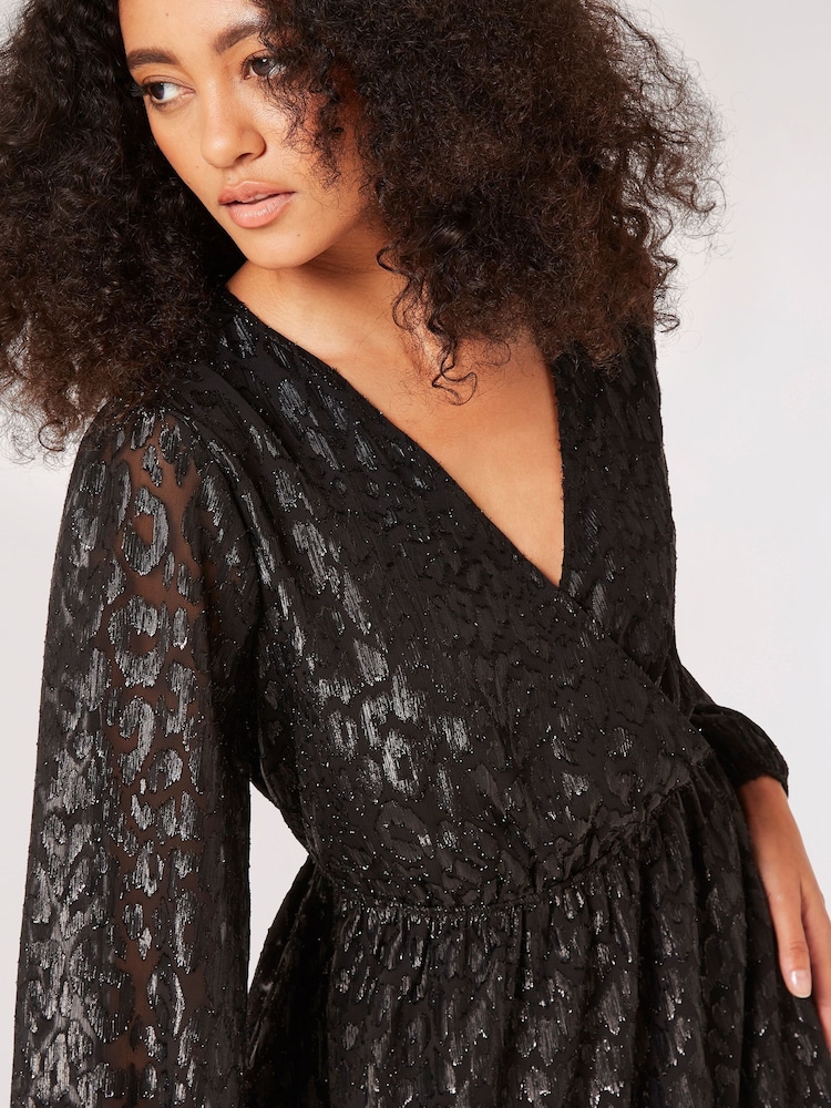 Apricot Black Animal Jacquard Chifon Wrap Dress - Image 4 of 4 Apricot Black Animal Jacquard Chifon Wrap Dress - Image 4 of 4