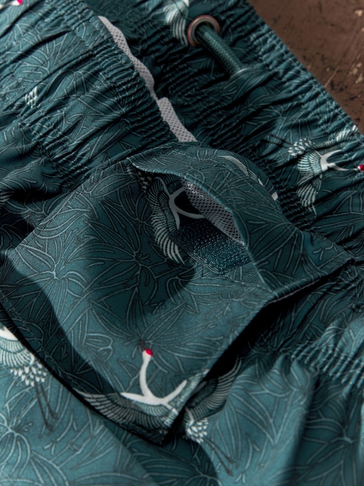 Slate Blue Bamboo Crane Printed Swim Shorts - Image 12 of 12