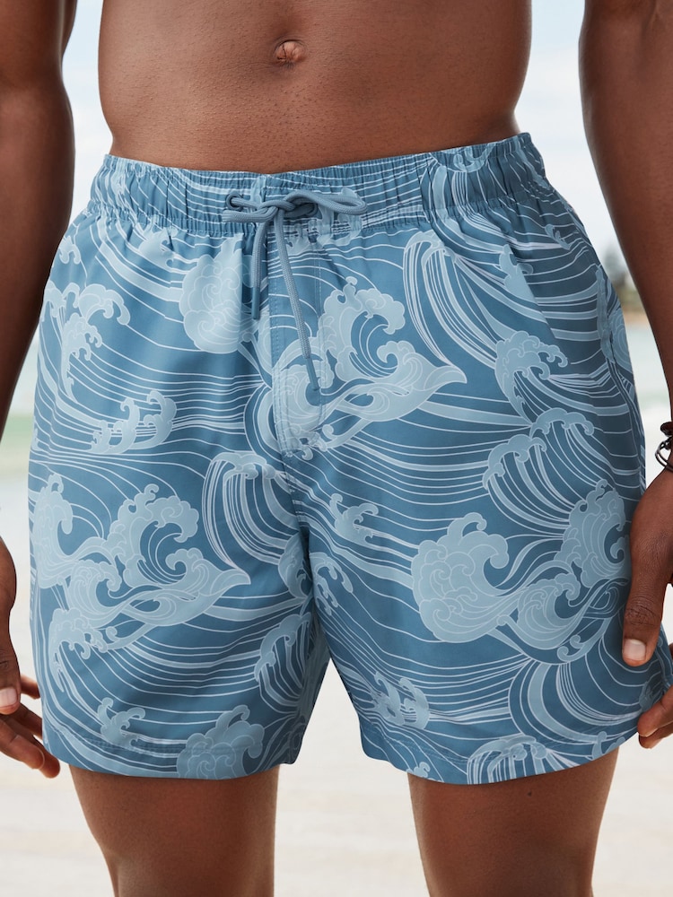 Slate Blue Wave Regular Fit Printed Swim Shorts - Image 1 of 9