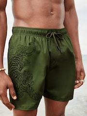 Khaki Green Tiger Regular Fit Printed Swim Shorts - Image 1 of 13