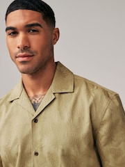 Neutral 100% Cotton Short Sleeve Embroidered Shirt with Cuban Collar - Image 1 of 7