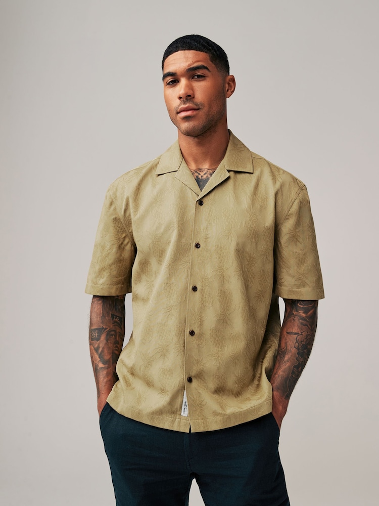 Neutral 100% Cotton Short Sleeve Embroidered Shirt with Cuban Collar - Image 2 of 7