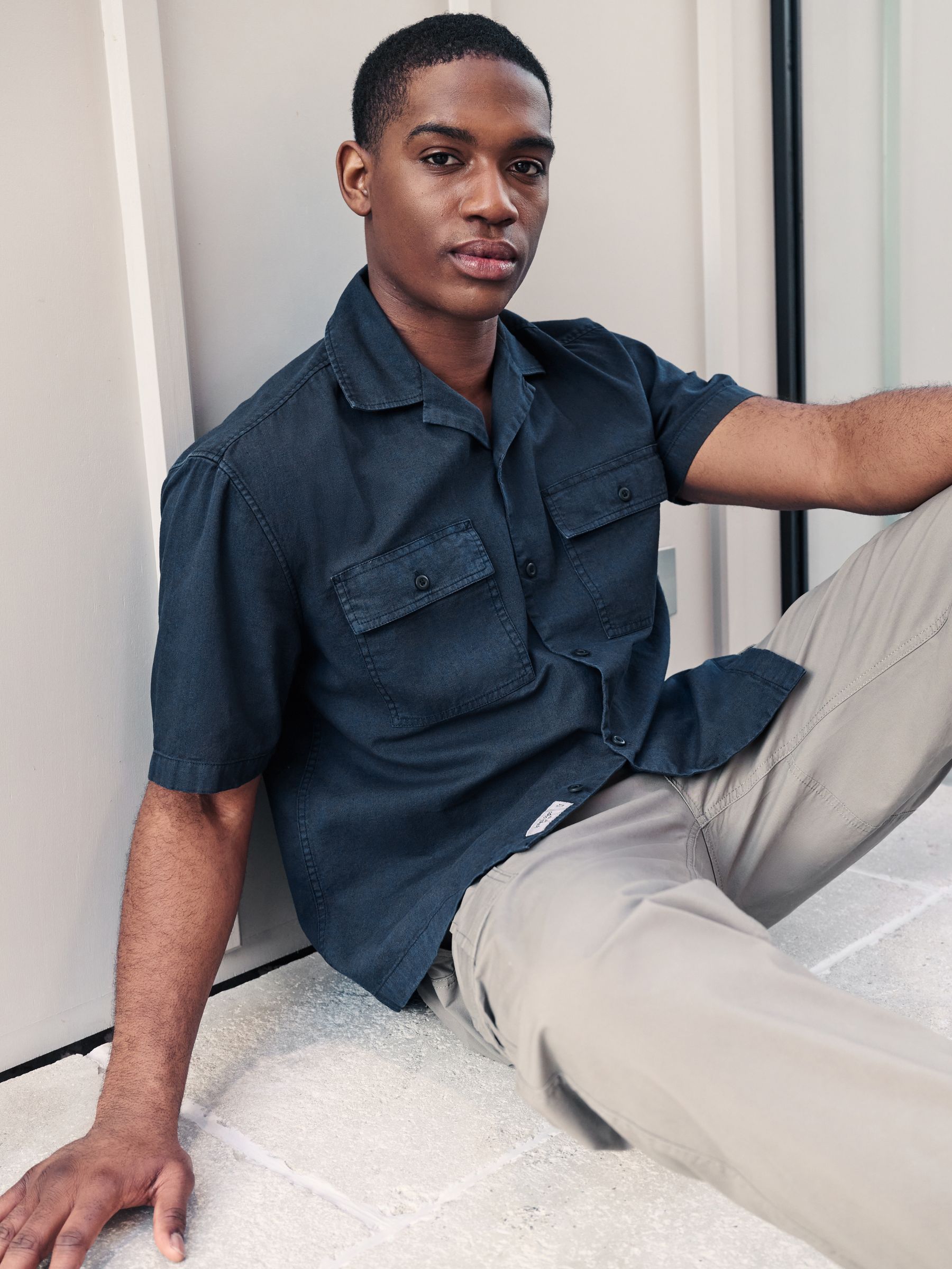 Buy Navy Blue Linen Blend Short Sleeve Shirt with Cuban Collar from Next Oman
