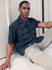 Navy Blue Linen Blend Short Sleeve Shirt with Cuban Collar - Image 1 of 7