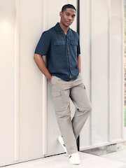 Navy Blue Linen Blend Short Sleeve Shirt with Cuban Collar - Image 2 of 7