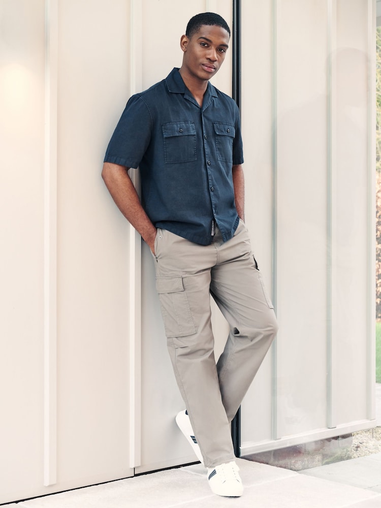 Navy Blue Linen Blend Short Sleeve Shirt with Cuban Collar - Image 2 of 7