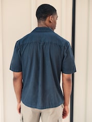 Navy Blue Linen Blend Short Sleeve Shirt with Cuban Collar - Image 3 of 7