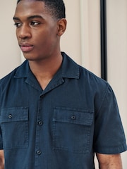 Navy Blue Linen Blend Short Sleeve Shirt with Cuban Collar - Image 4 of 7