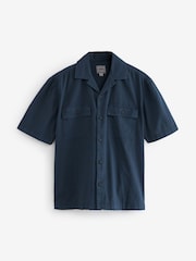 Navy Blue Linen Blend Short Sleeve Shirt with Cuban Collar - Image 5 of 7