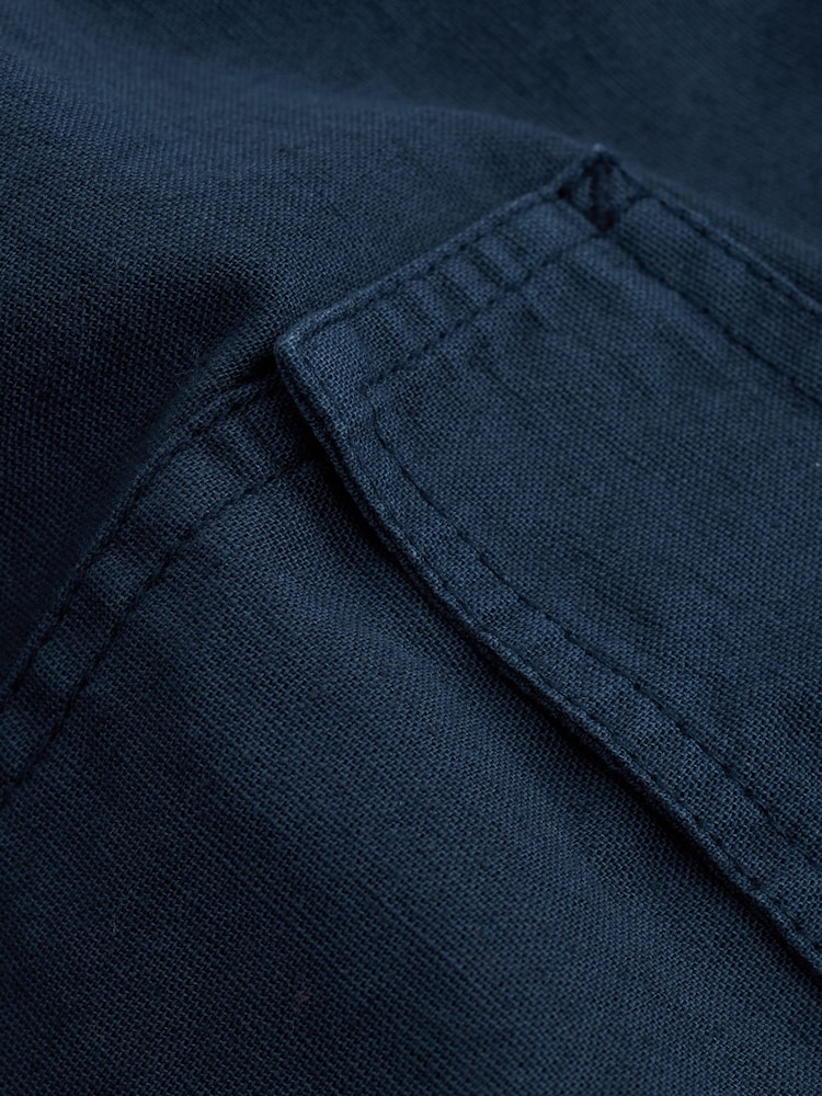 Navy Blue Linen Blend Short Sleeve Shirt with Cuban Collar - Image 7 of 7