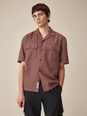 Rust Brown Linen Blend Short Sleeve Shirt with Cuban Collar - Image 1 of 9