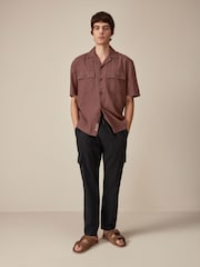 Rust Brown Linen Blend Short Sleeve Shirt with Cuban Collar - Image 2 of 9