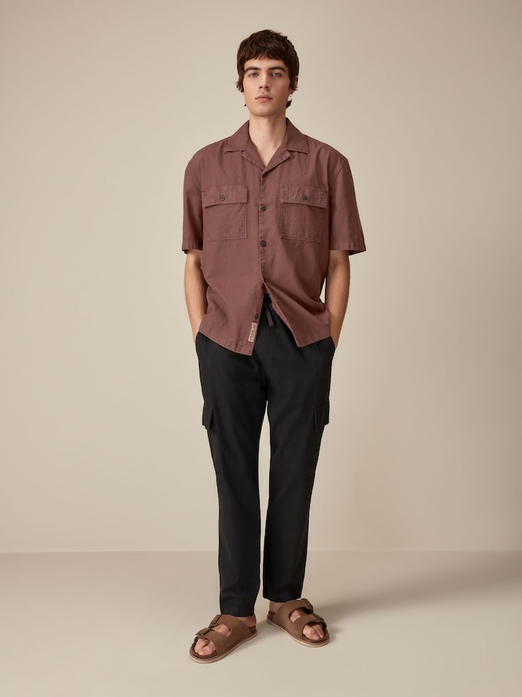 Rust Brown Linen Blend Short Sleeve Shirt with Cuban Collar - Image 2 of 9