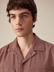 Rust Brown Linen Blend Short Sleeve Shirt with Cuban Collar - Image 4 of 9