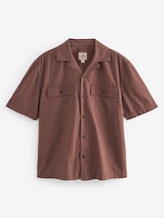 Rust Brown Linen Blend Short Sleeve Shirt with Cuban Collar - Image 6 of 9