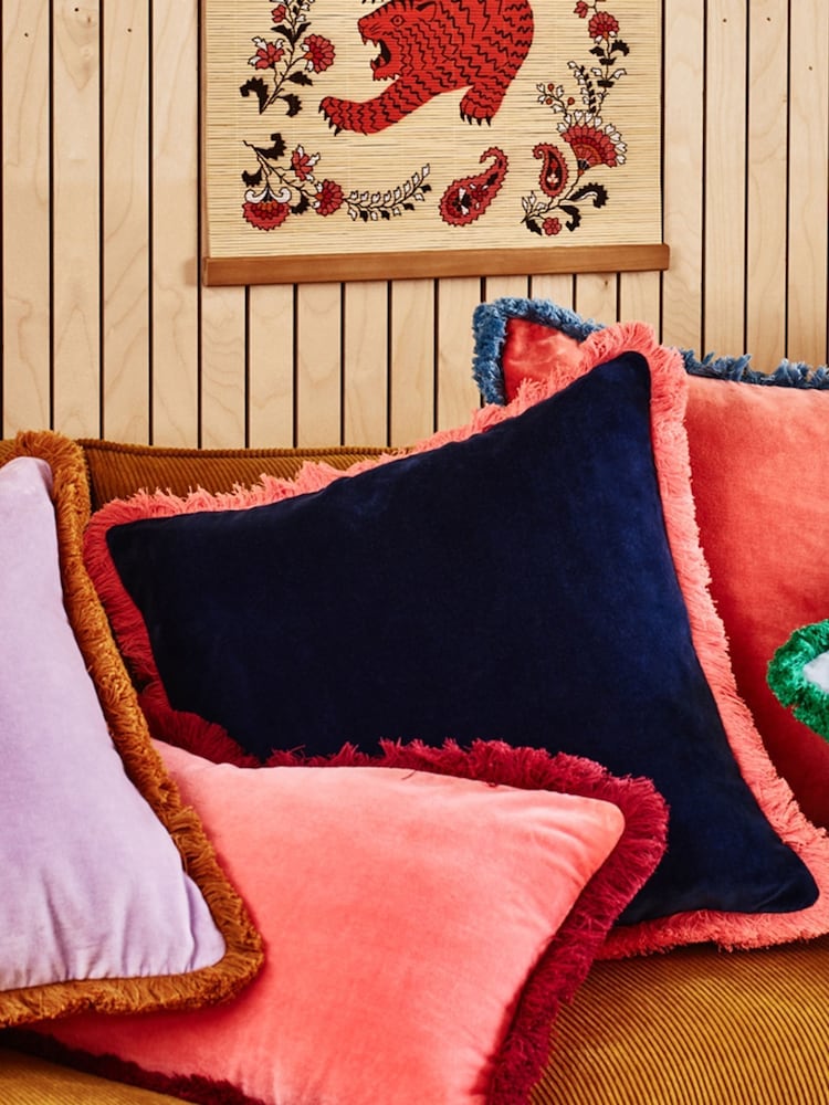 Oliver Bonas Ink Blue 100% Cotton Issey Velvet Fringed Cushion Cover - Image 2 of 5 Oliver Bonas Ink Blue 100% Cotton Issey Velvet Fringed Cushion Cover - Image 2 of 5