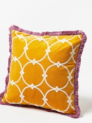 Oliver Bonas Yellow Embroidered Loop Velvet Cushion Cover - Image 1 of 4